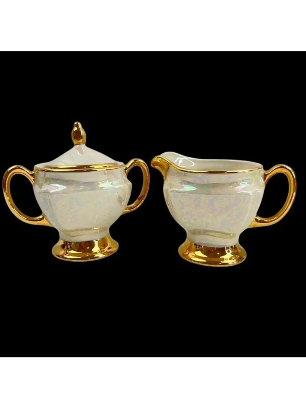 Vintage Cream & Sugar Set Heavy Gold TrimIridescent Pearl MCM